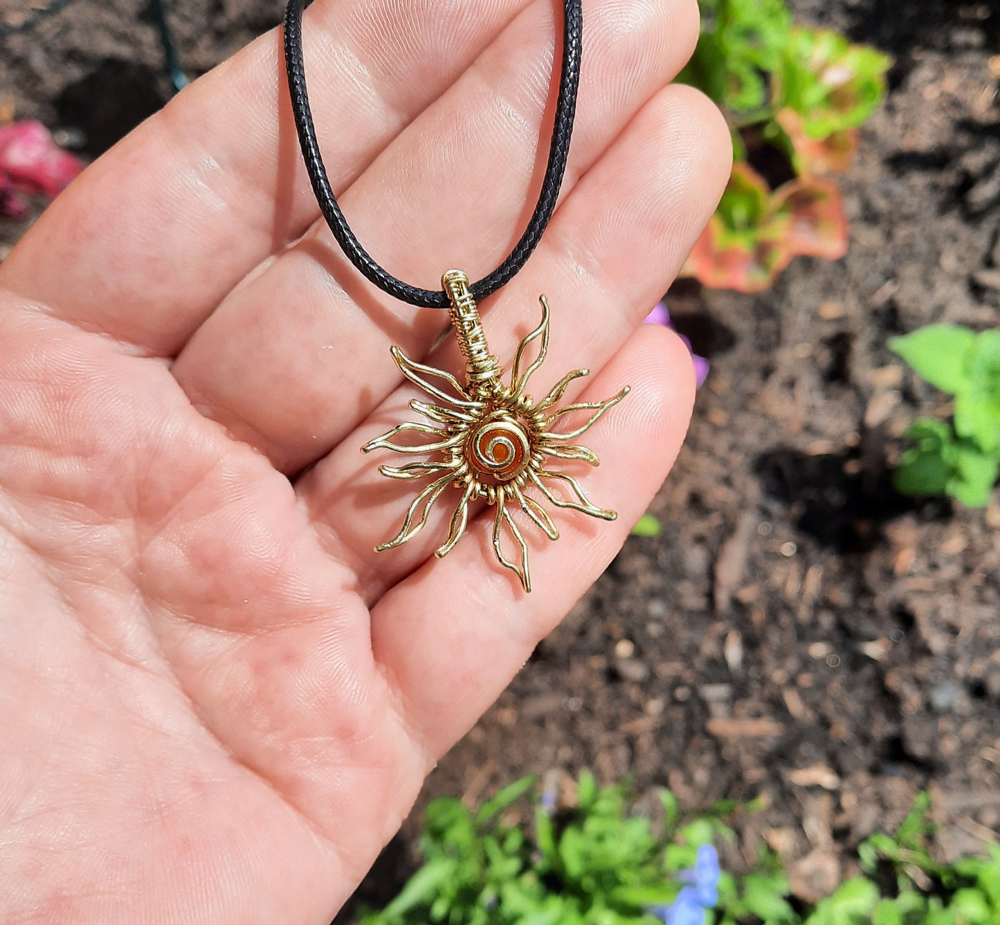 Carnelian Sun Pendant – Whimsical Wire Wrapped Necklace – Handmade Solar Jewelry