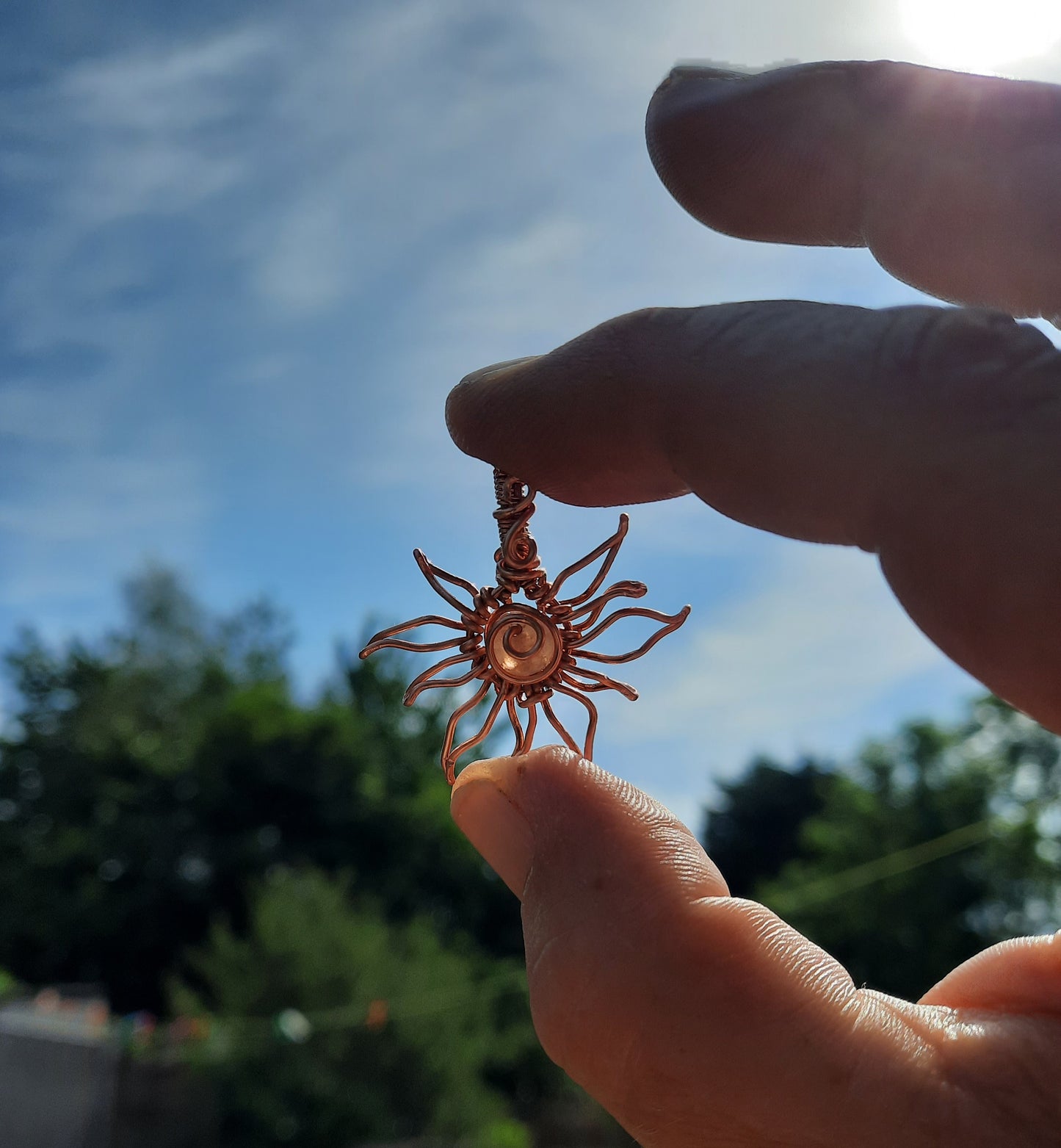 Sunstone Sun Pendant – Whimsical Wire Wrapped Necklace – Handmade Solar Jewelry
