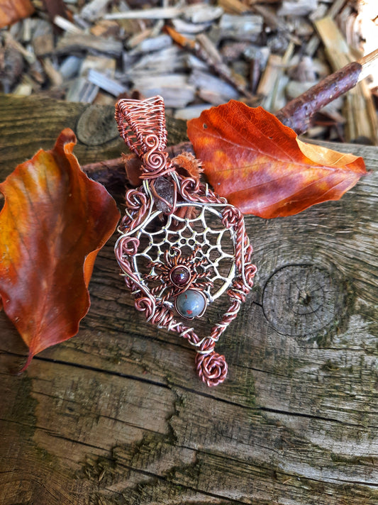 Bloodstone and Garnet Spider in Web Pendant