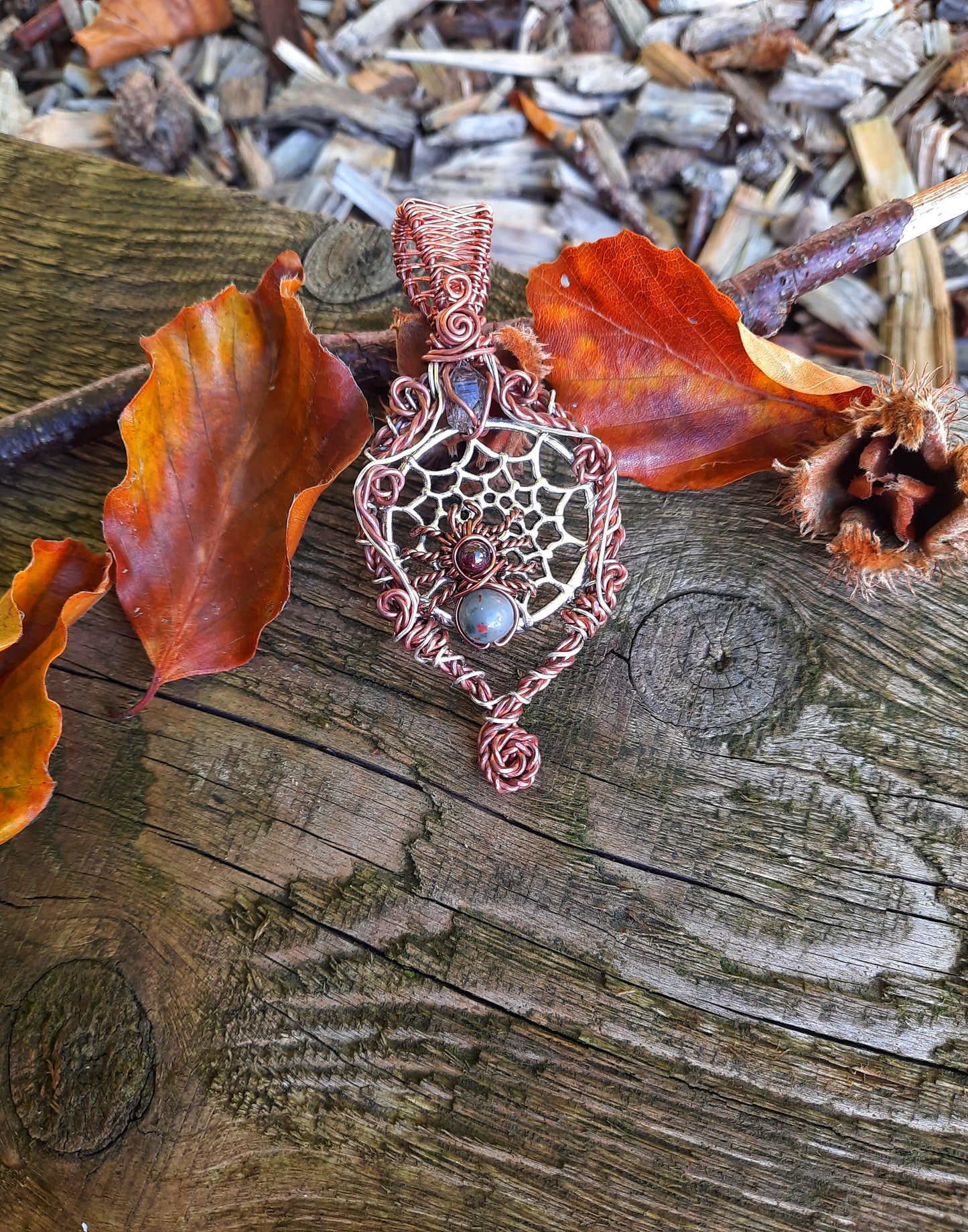 Bloodstone and Garnet Spider in Web Pendant