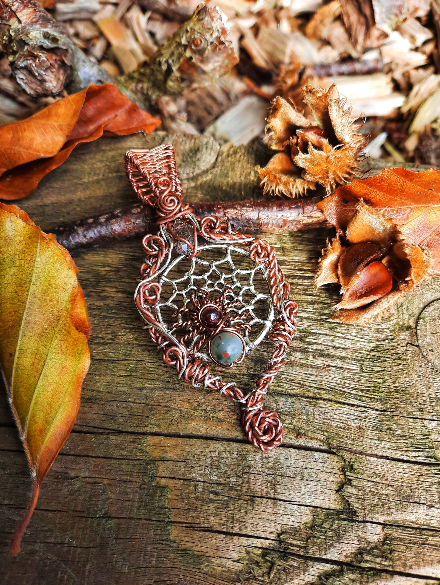 Bloodstone and Garnet Spider in Web Pendant