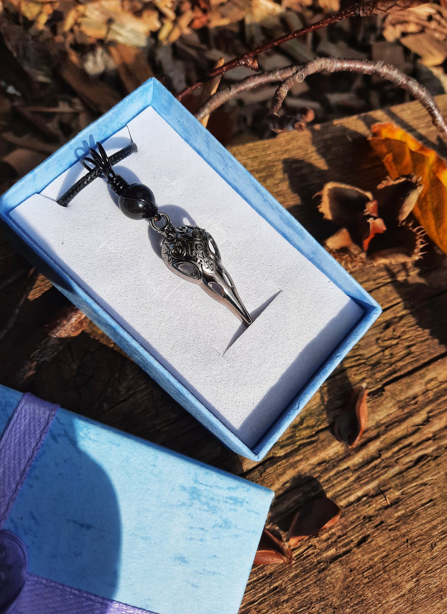 Silver Sheen Obsidian Raven Skull Pendant