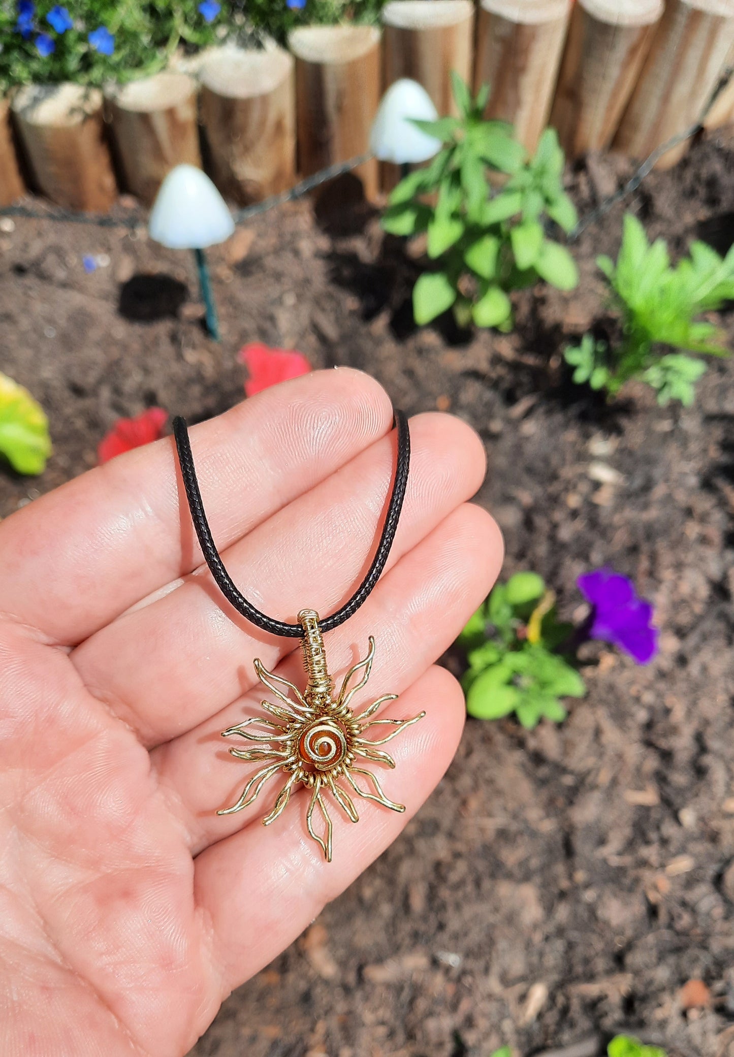 Carnelian Sun Pendant – Whimsical Wire Wrapped Necklace – Handmade Solar Jewelry