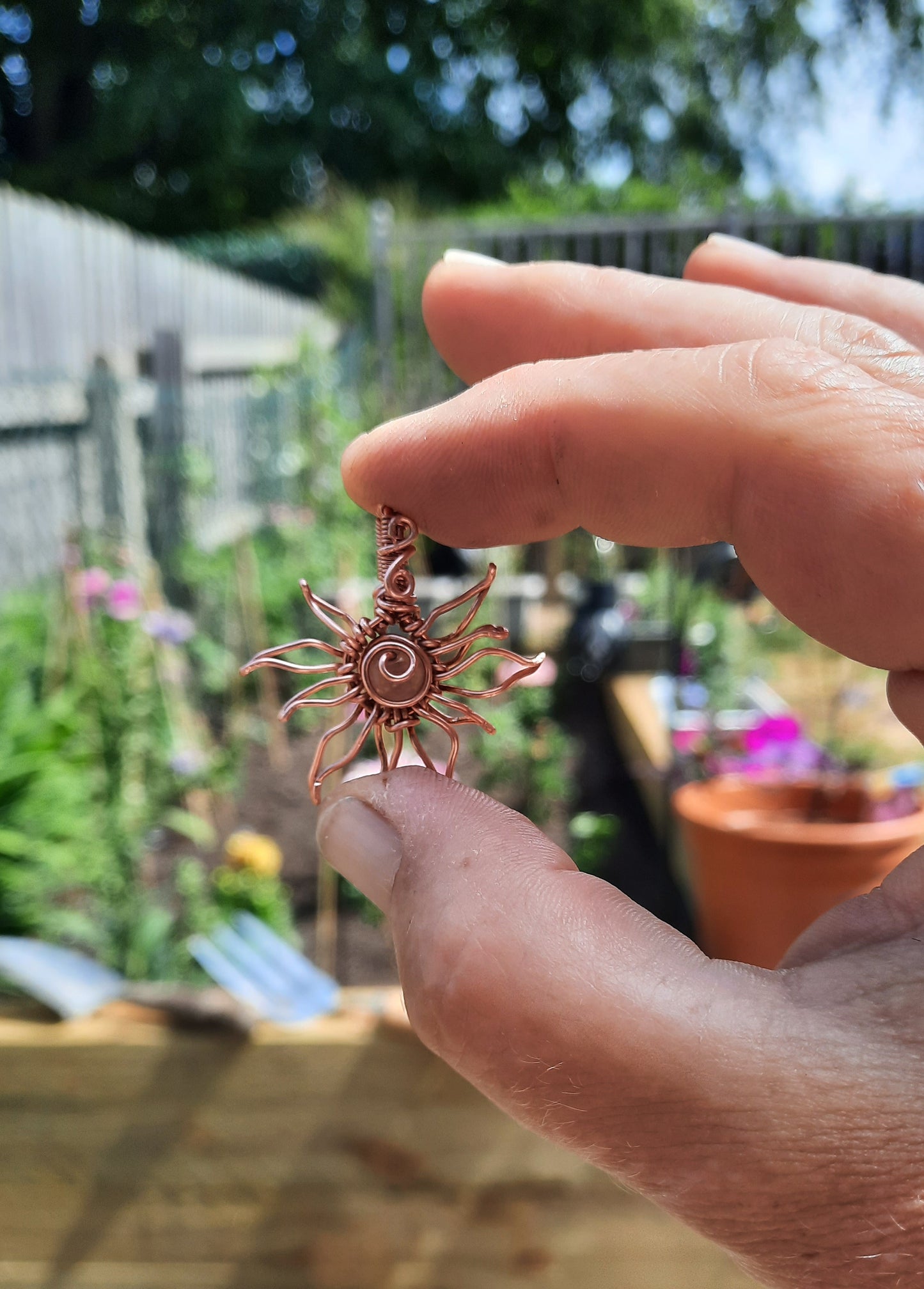 Sunstone Sun Pendant – Whimsical Wire Wrapped Necklace – Handmade Solar Jewelry
