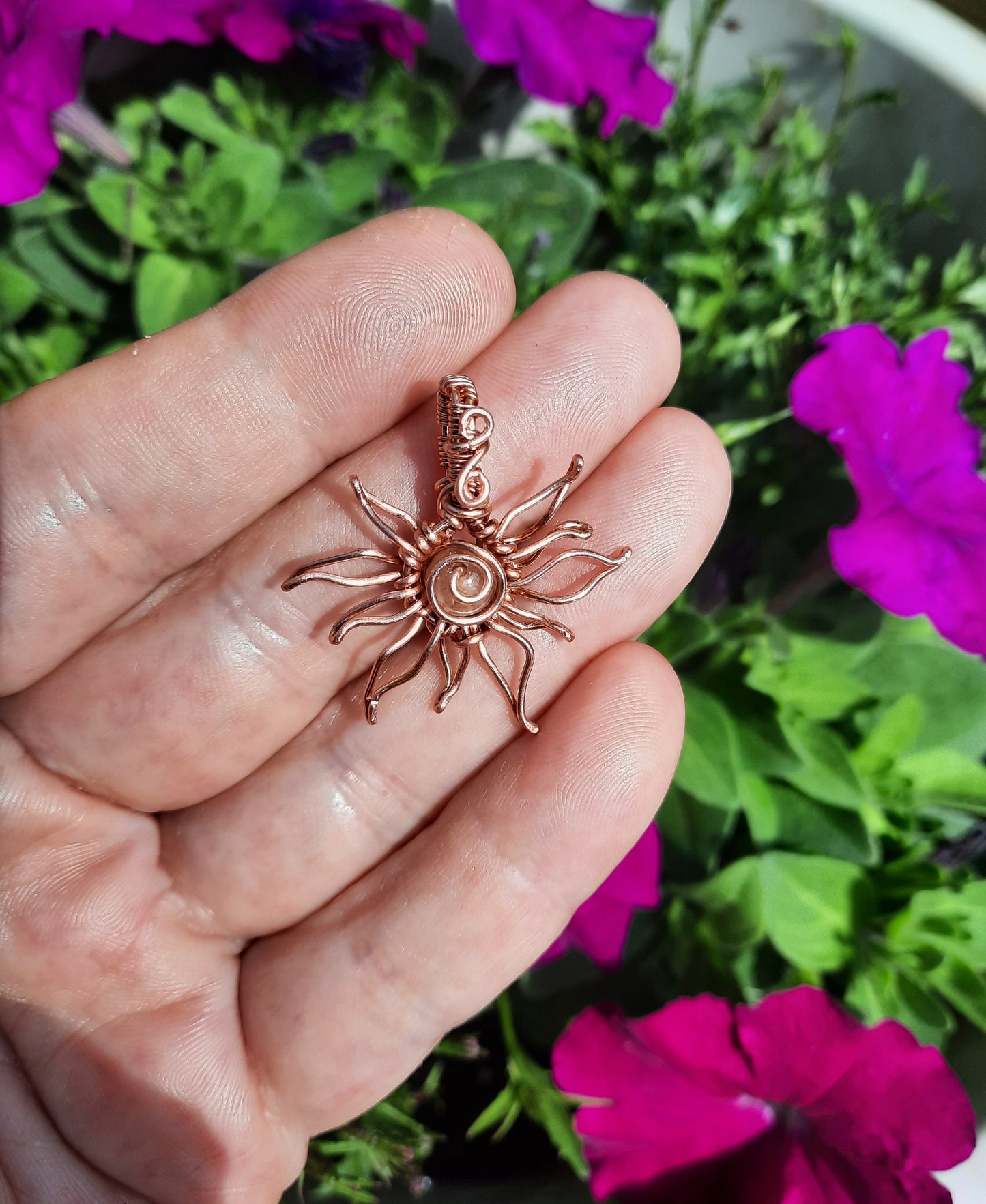 Sunstone Sun Pendant – Whimsical Wire Wrapped Necklace – Handmade Solar Jewelry