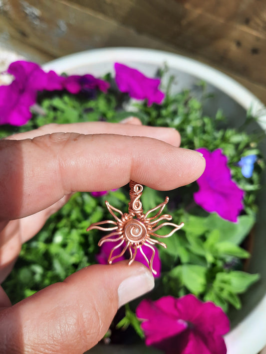 Sunstone Sun Pendant – Whimsical Wire Wrapped Necklace – Handmade Solar Jewelry