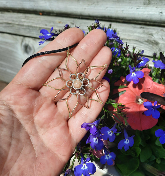 Tri-Metal Sunstone Flower Pendant | Handmade Wire-Wrapped Necklace in Copper, Brass & Silver