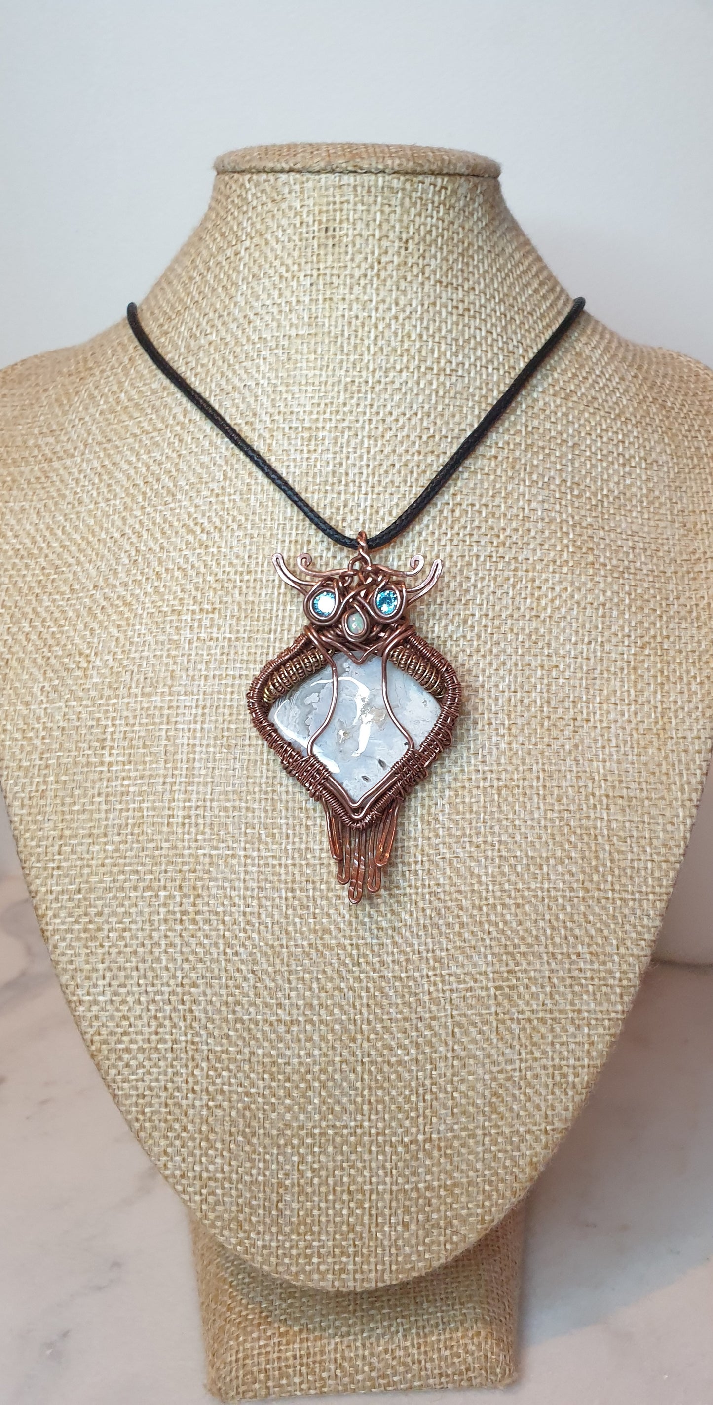 Crazy Lace Agate Owl Pendant