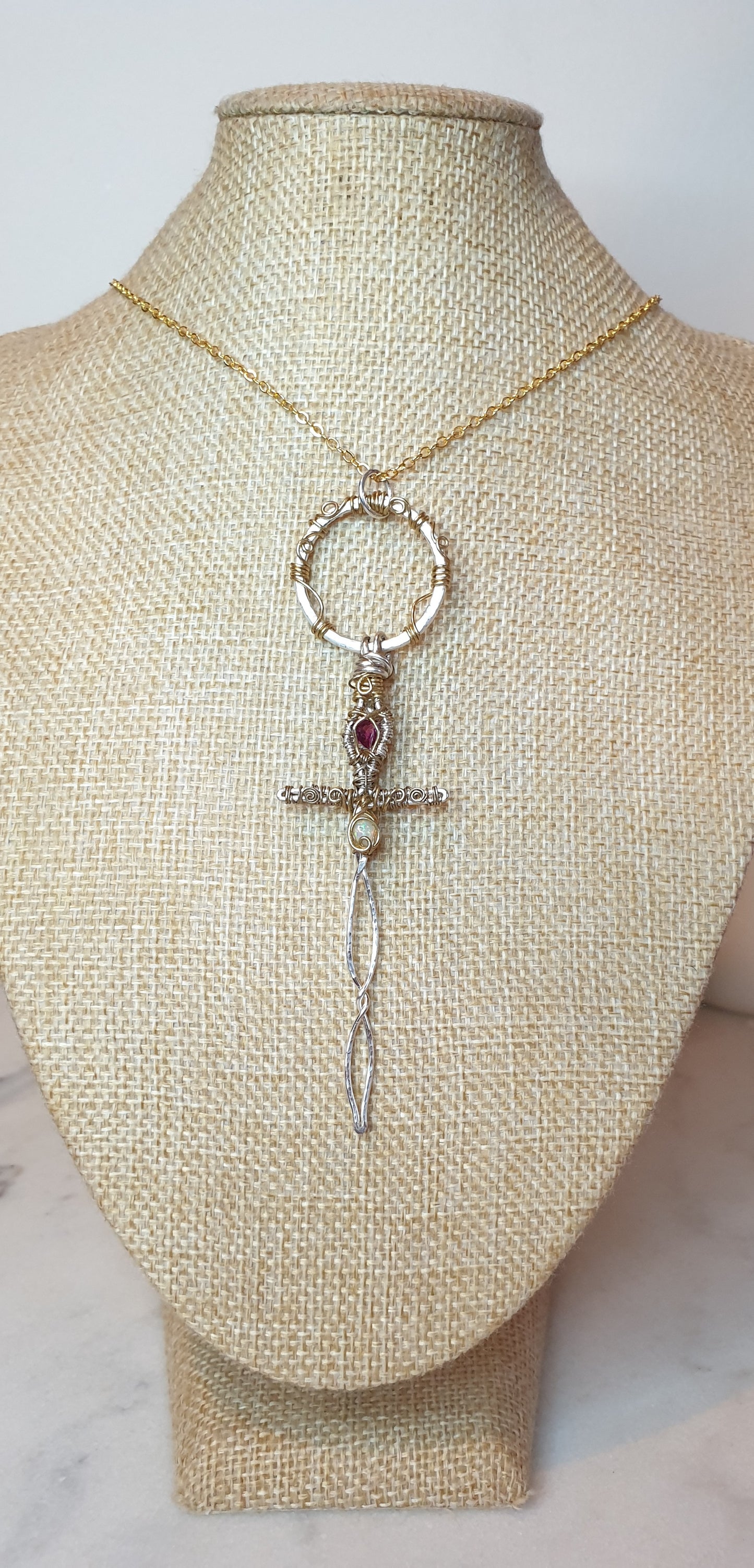 Garnet and Ethiopian Opal Sword Pendant