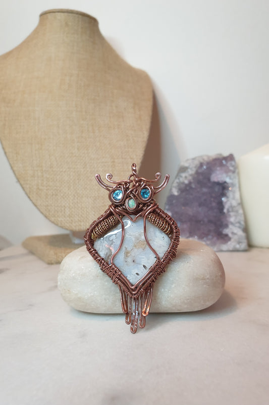 Crazy Lace Agate Owl Pendant