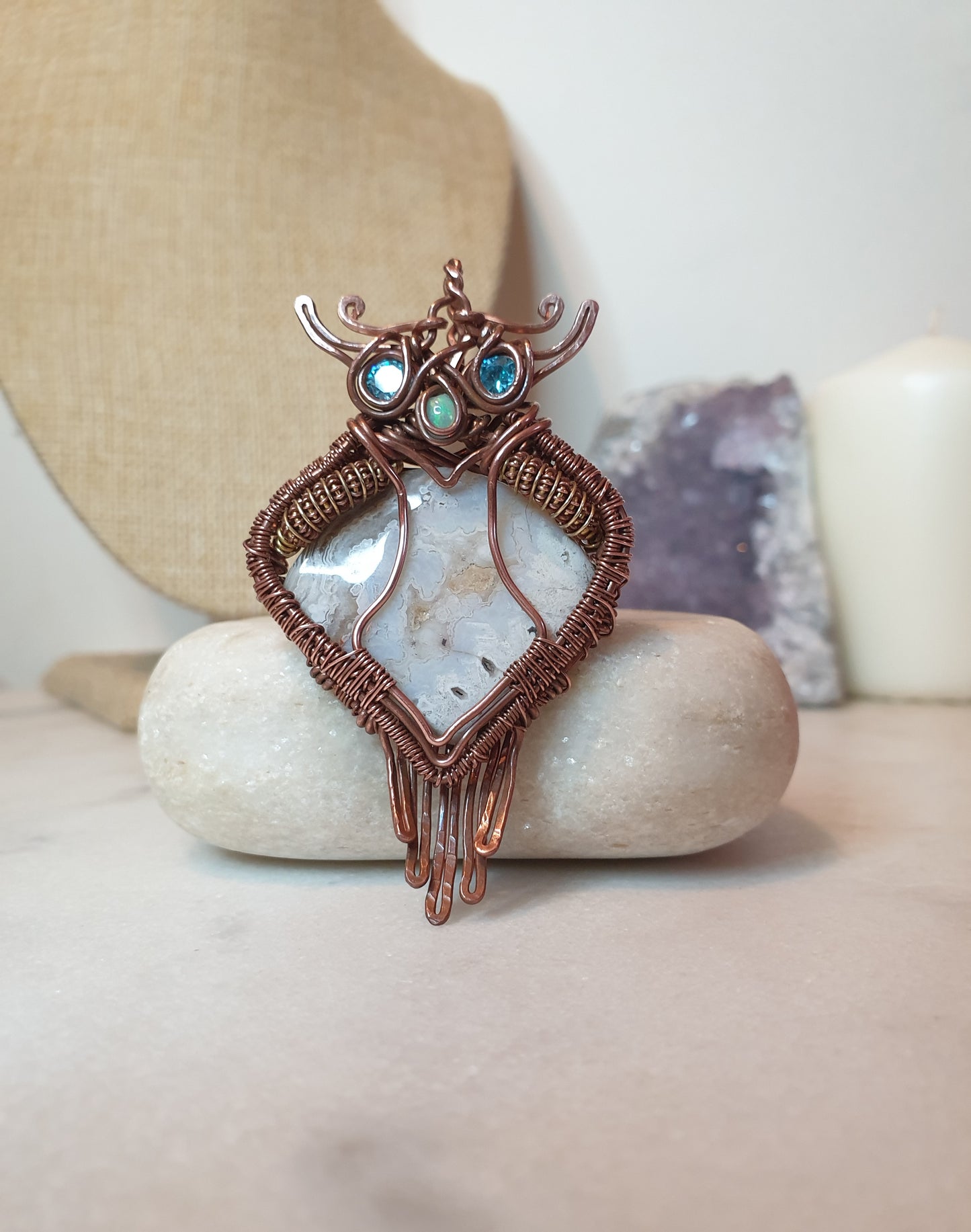 Crazy Lace Agate Owl Pendant