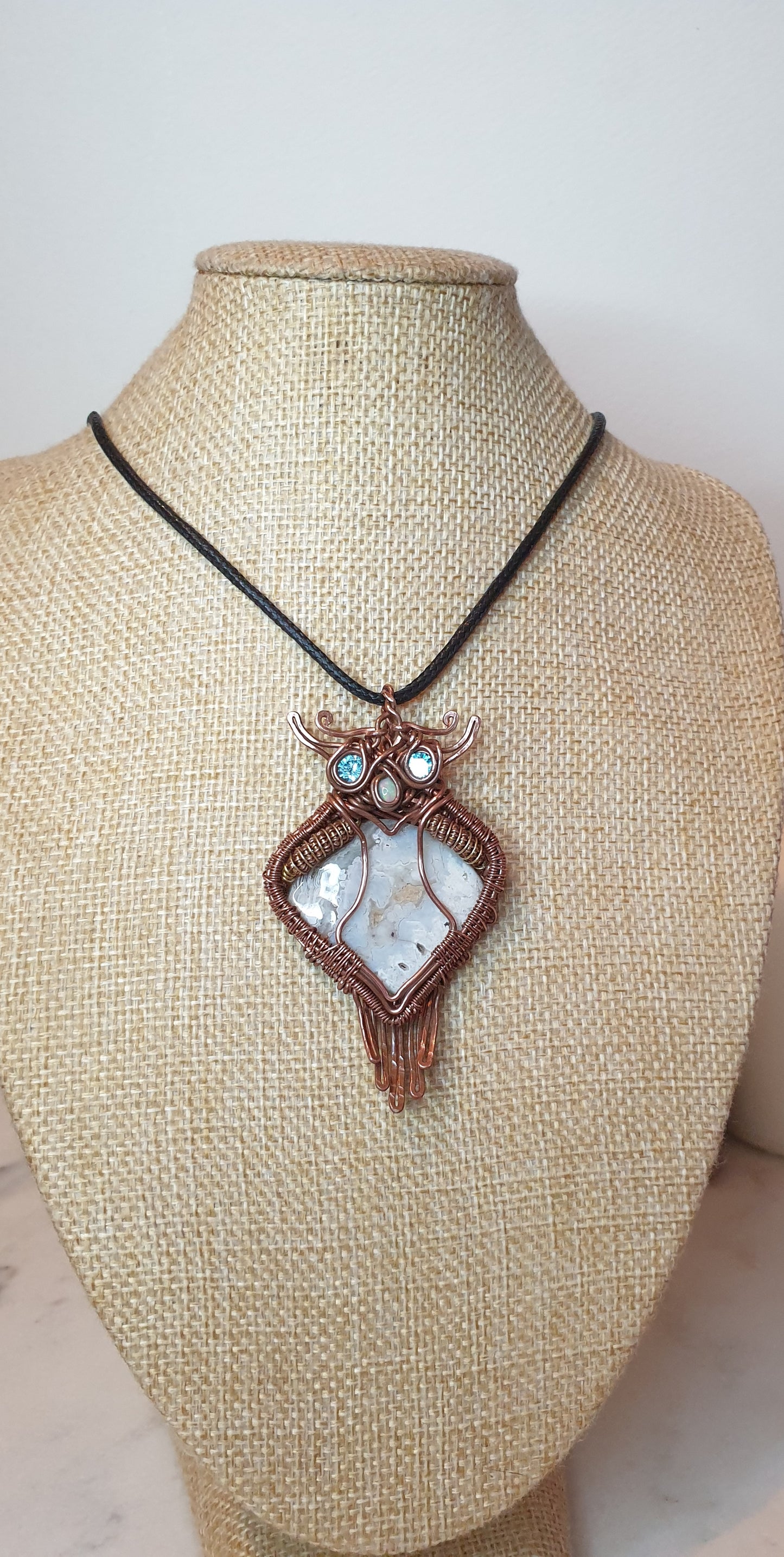 Crazy Lace Agate Owl Pendant