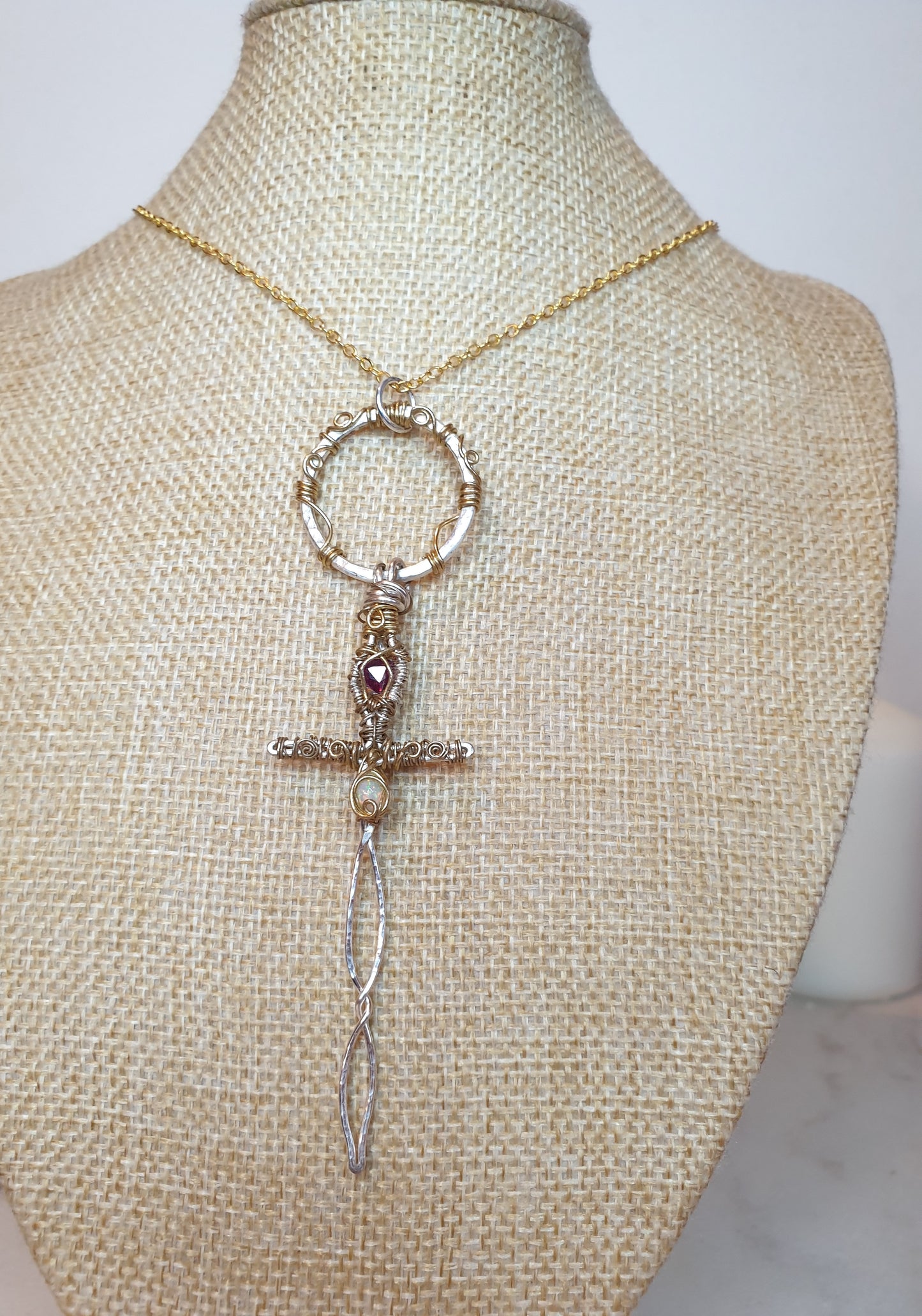 Garnet and Ethiopian Opal Sword Pendant