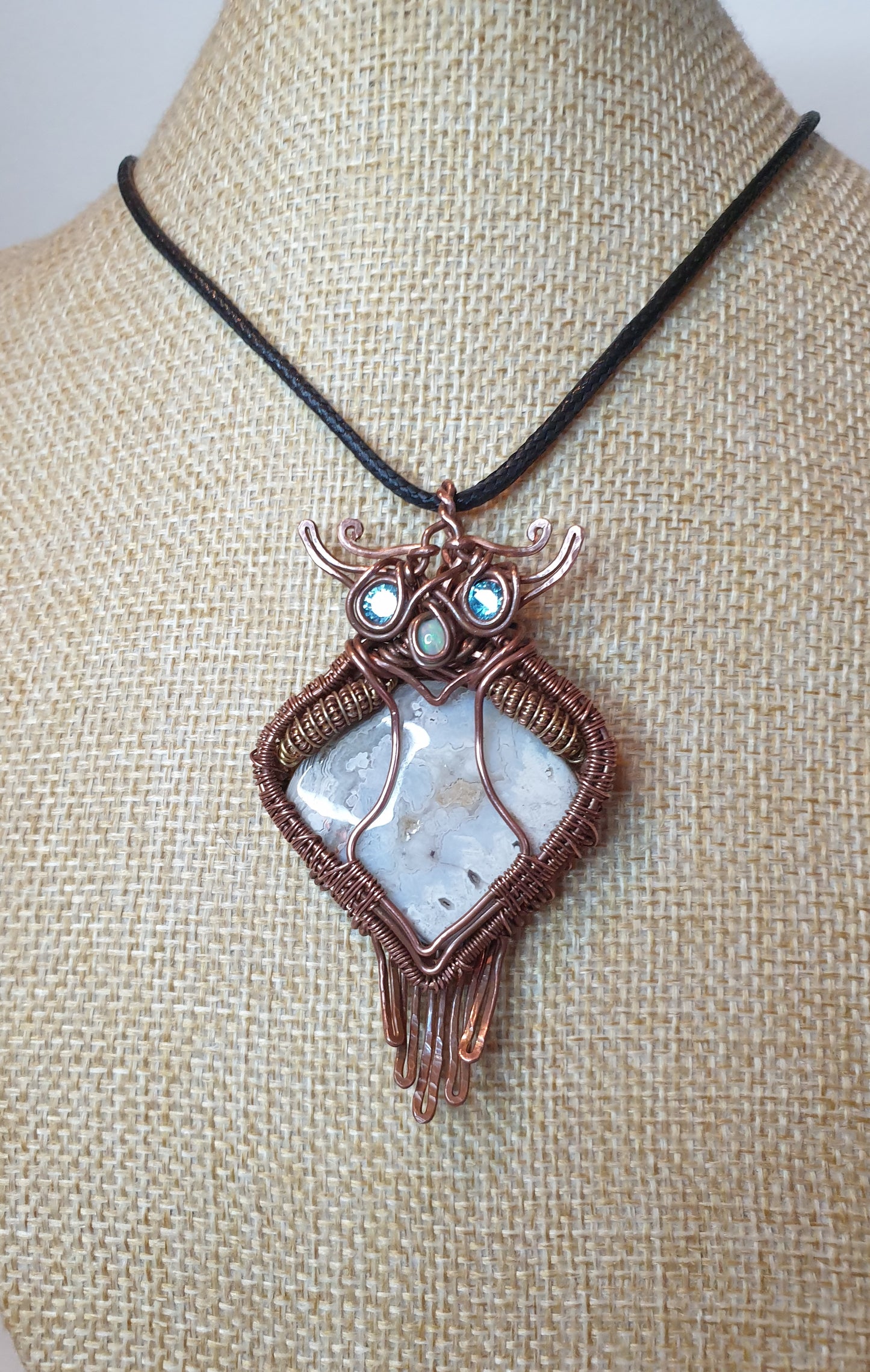 Crazy Lace Agate Owl Pendant