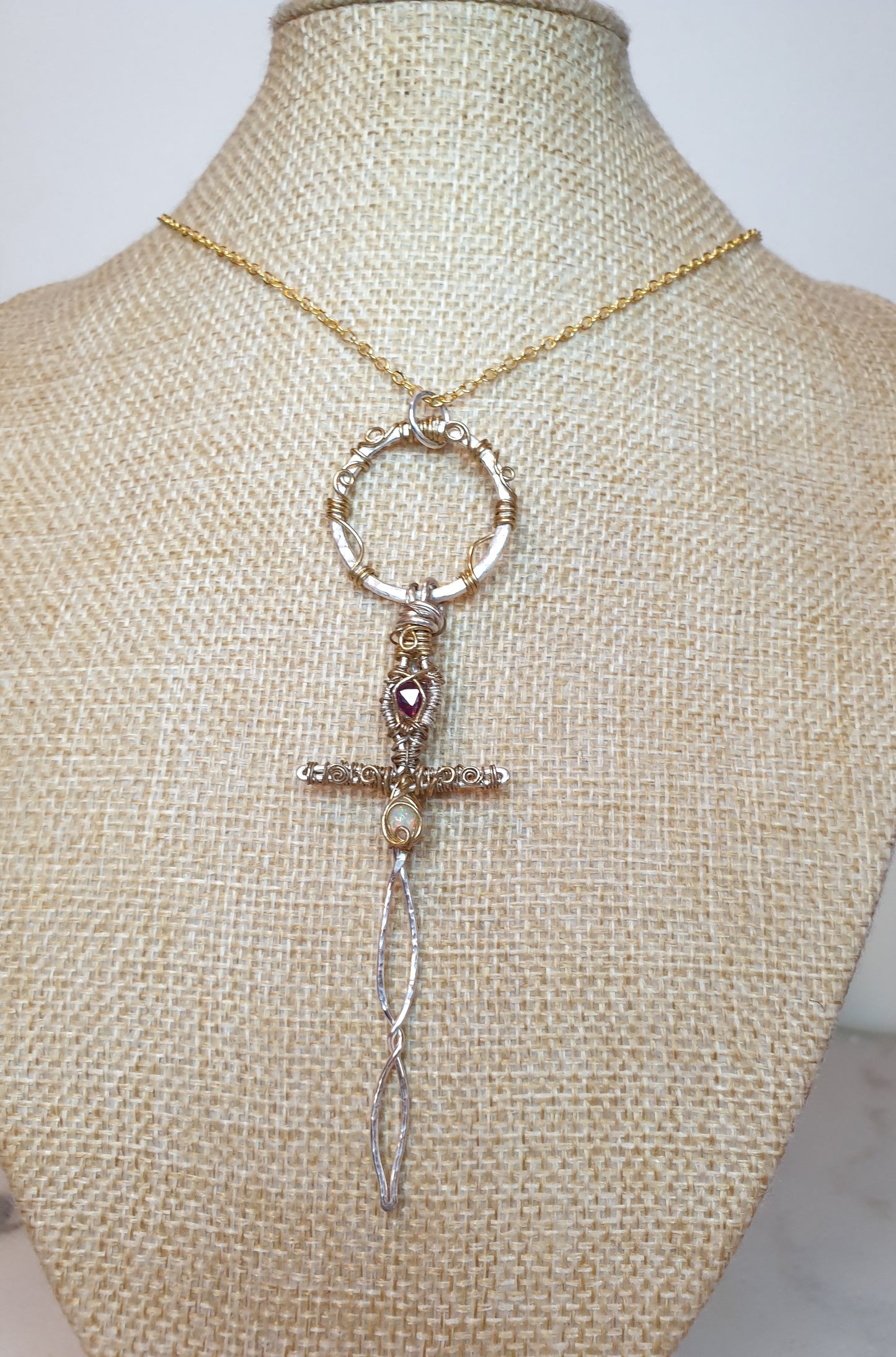 Garnet and Ethiopian Opal Sword Pendant