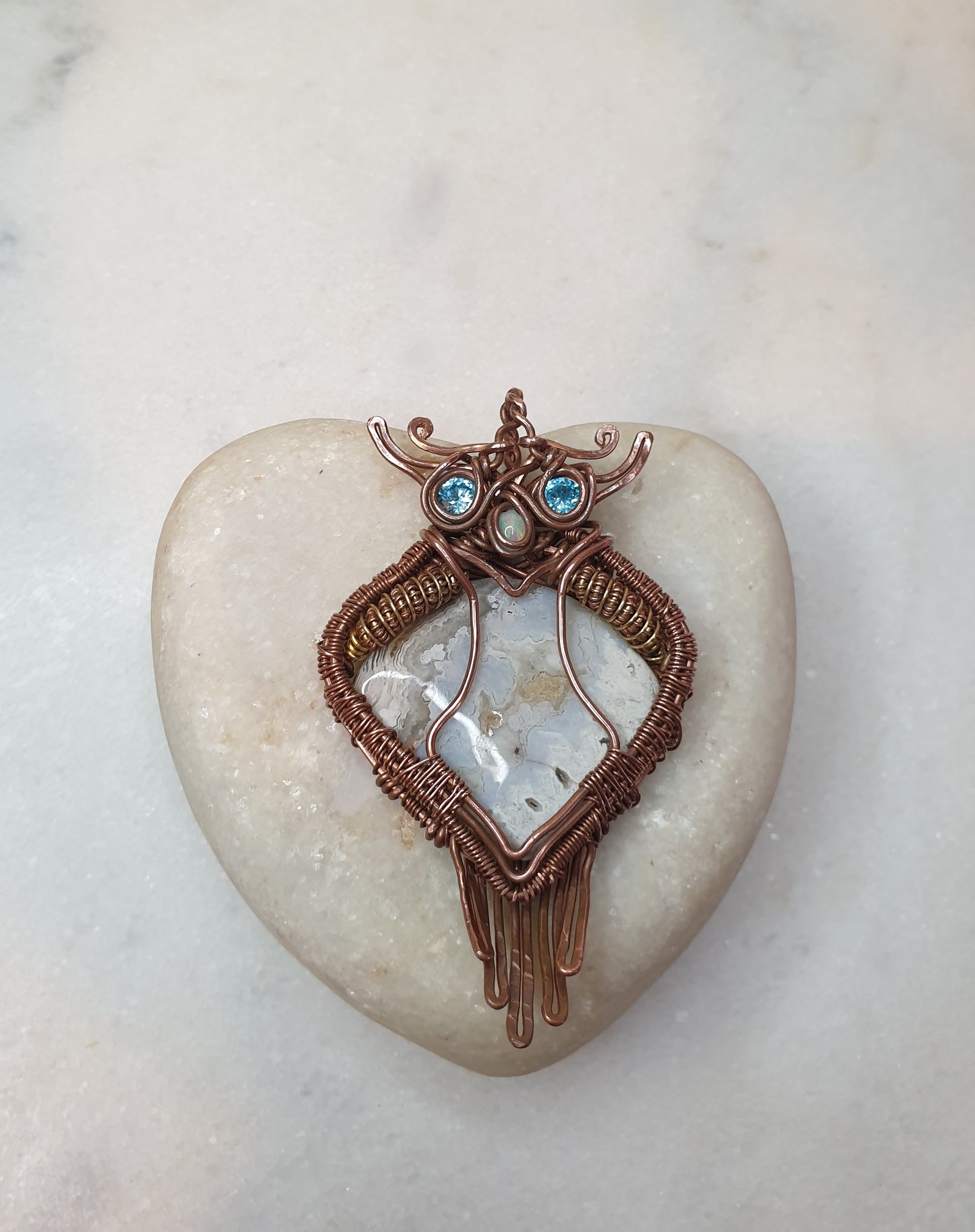 Crazy Lace Agate Owl Pendant