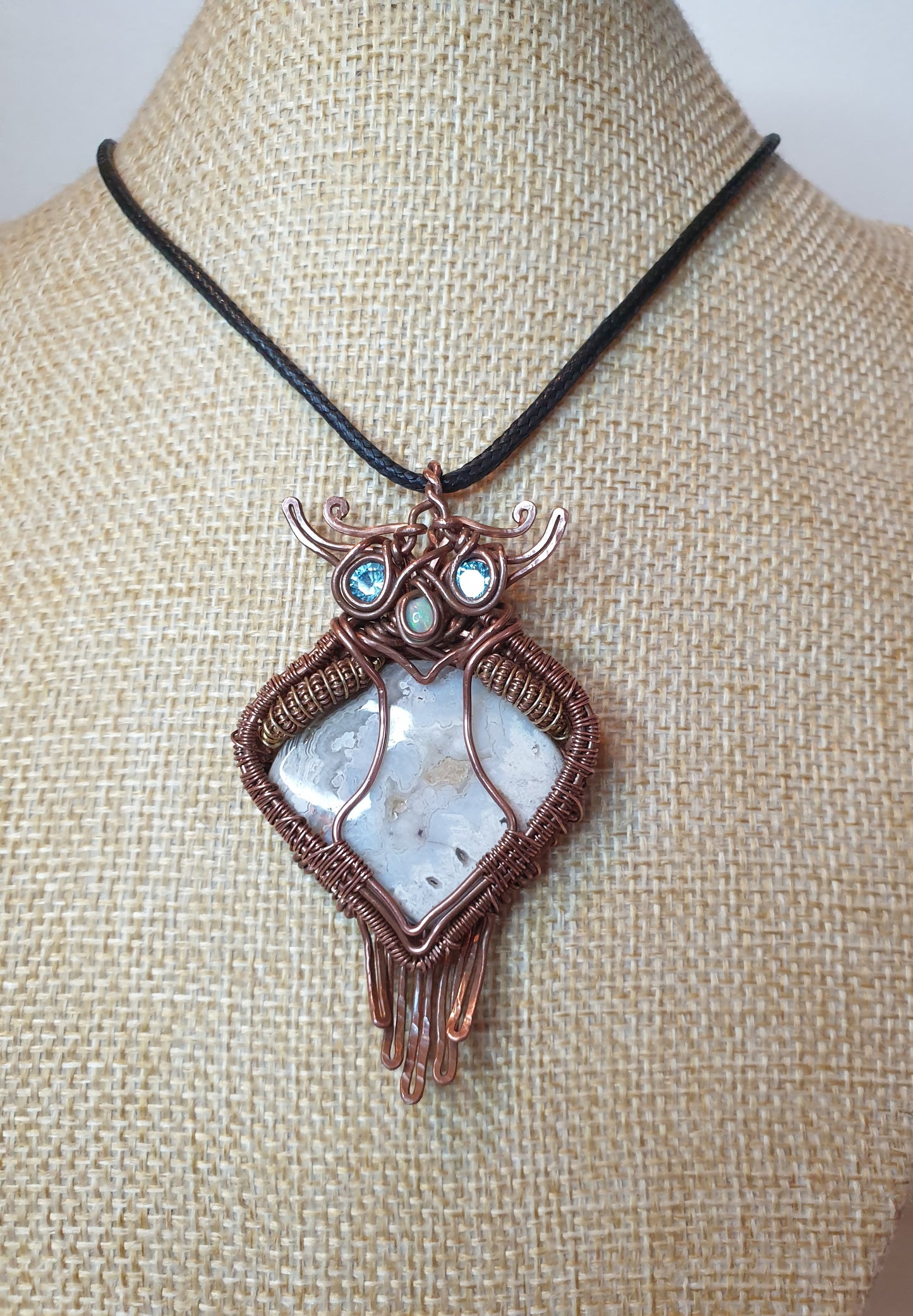 Crazy Lace Agate Owl Pendant