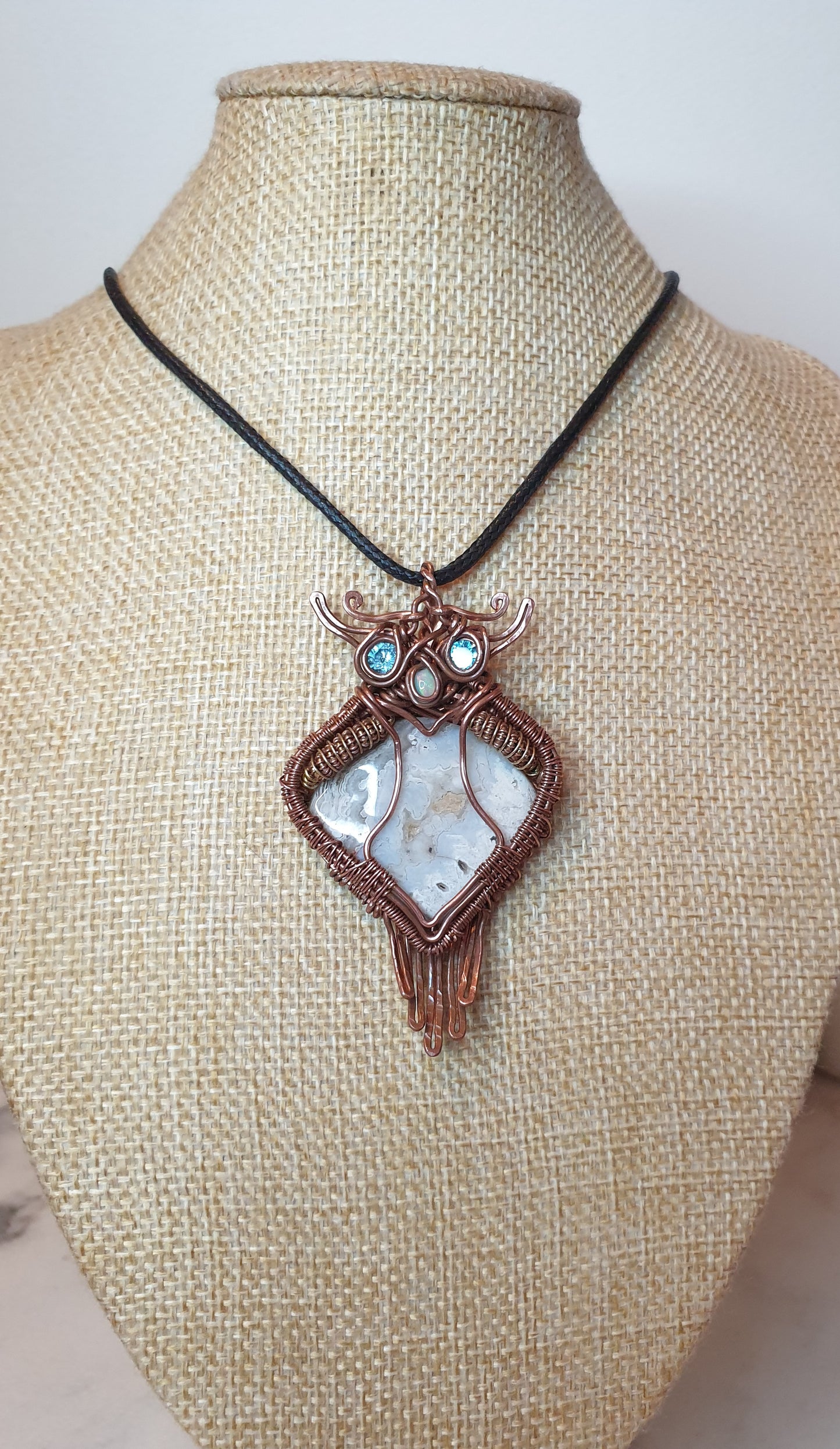 Crazy Lace Agate Owl Pendant